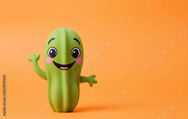 Fototapeta A cheerful green toy cactus with a smiling face and cartoonish eyes, placed against a bright orange backdrop. The cactus has small arms sticking out playfully