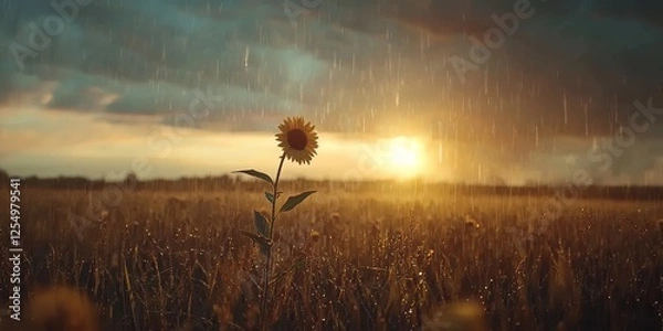 Fototapeta Rain and thunderstorms nature clouds, A lone sunflower stands in a rain-soaked field as the sun sets in the background.