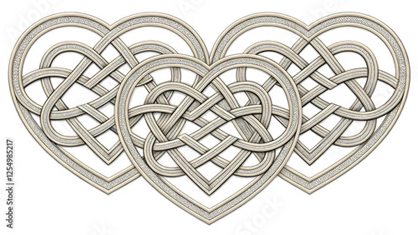 Fototapeta Three heart shapes are constructed using a Celtic knotwork design. The interwoven lines give it an intricate, timeless look, suitable for designs involving Celtic themes, love, or Valentine's Day.