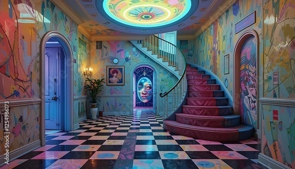 Fototapeta A surreal and vibrant hallway with a curved staircase, abstract art, and a unique checkerboard floor.