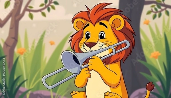 Fototapeta Adorable Cartoon Lion Cub Playing a Trombone in a Lush Green Forest Setting