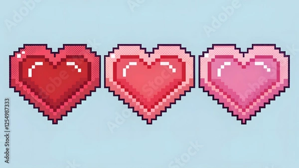 Fototapeta Three hearts depicted in a pixel art style, reminiscent of old video games. The style is retro and pixelated. This design is well-suited for themes of retro gaming, love, or Valentine's Day.