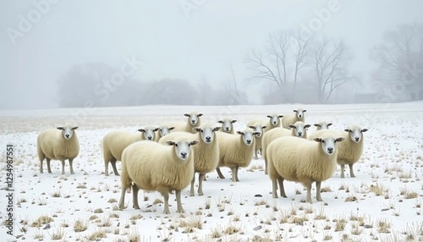 Fototapeta A flock of fluffy white sheep standing in a snowy field on a foggy winter day, with bare trees in the background.