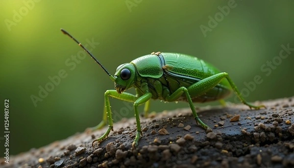 Fototapeta Close-up Detailed Macro Photograph of a Vibrant Green Insect on Dark Soil