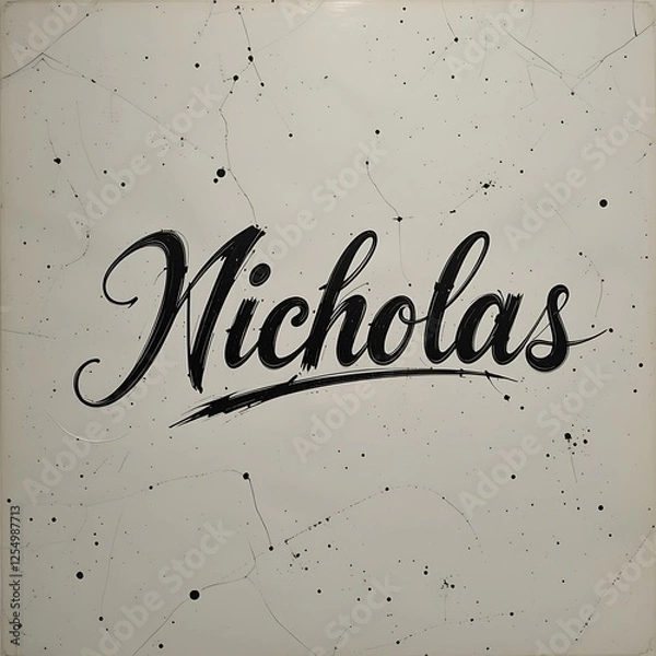 Fototapeta Stylish Handwritten Name Nicholas on Grunge Background with Cracks and Ink Splatter