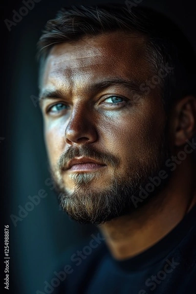Fototapeta Focused gaze of a man with striking blue eyes and a rugged beard in soft natural light