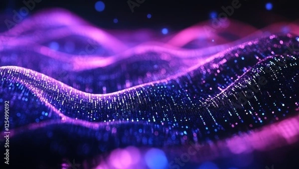 Fototapeta Abstract purple waves, particles, dark background, digital art, tech