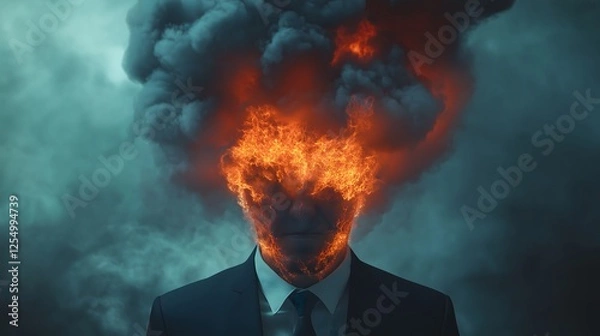 Fototapeta Stress clouds and fiery thoughts surround burnt-out CEO in corporate setting at dusk