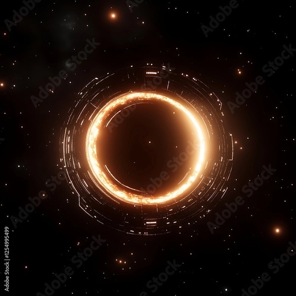 Fototapeta Futuristic Ring in Outer Space with Orange Glow and Starry Background for Technology Concepts