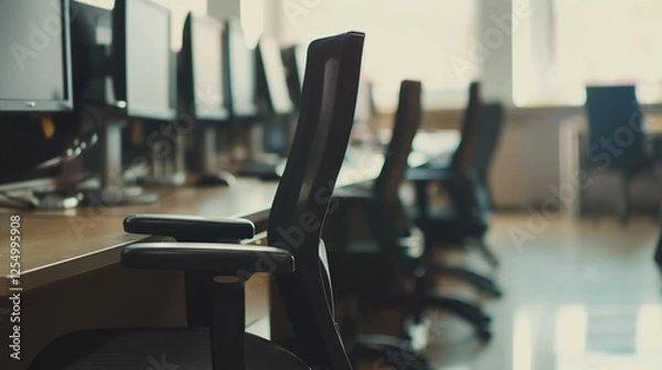 Fototapeta Empty office desk with vacant chairs and monitors, symbolizing layoffs and workplace downsizing. Concept of job loss, corporate restructuring, and economic uncertainty in modern business environment.