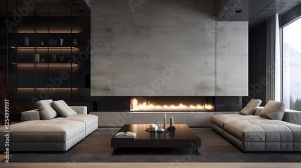 Fototapeta Sleek and Cozy Minimalist Interior with Warm Ambiance and Elegant Furniture  A high end modern living space with clean lines natural materials and a sophisticated comfortable vibe