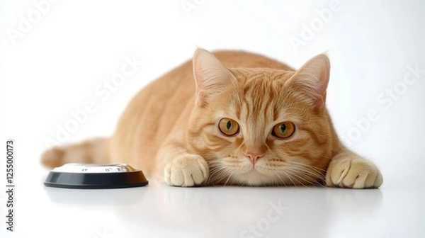 Fototapeta Cute ginger tabby cat lying near an empty bowl on a white background, waiting for food, studio shot.