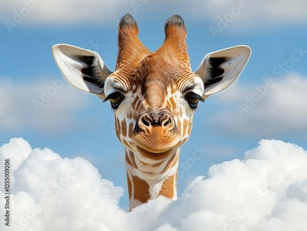 Fototapeta Giraffe peeking through fluffy clouds.