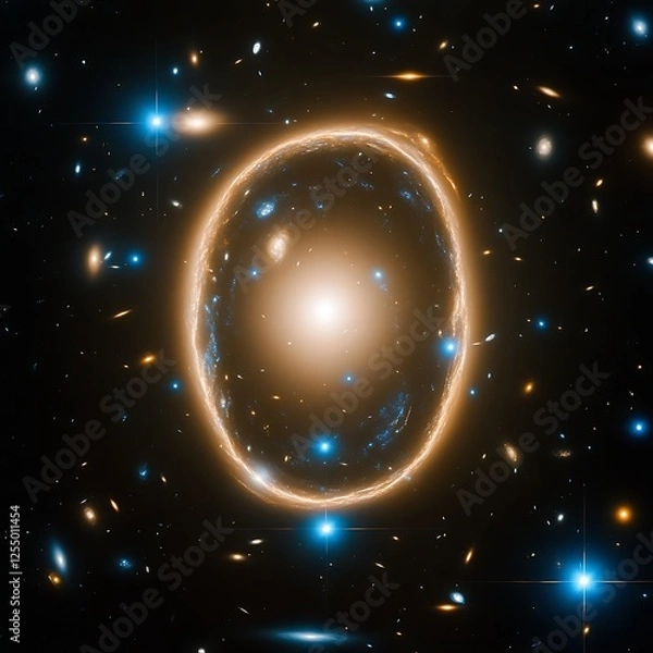 Fototapeta Gravitational Lens of Galaxy Cluster with Ring Around Central Core in the Cosmos Space Background