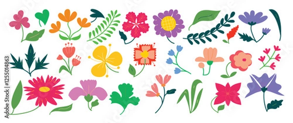 Fototapeta Collection of spring colorful flower elements vector. Set floral of wildflower, leaf branch, foliage on white background. Hand drawn blossom illustration for decor, easter, thanksgiving, clipart.