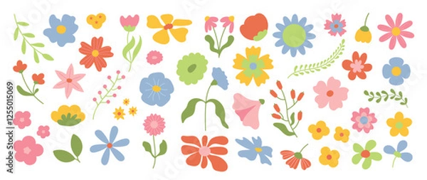 Fototapeta Collection of spring colorful flower elements vector. Set floral of wildflower, leaf branch, foliage on white background. Hand drawn blossom illustration for decor, easter, thanksgiving, clipart.
