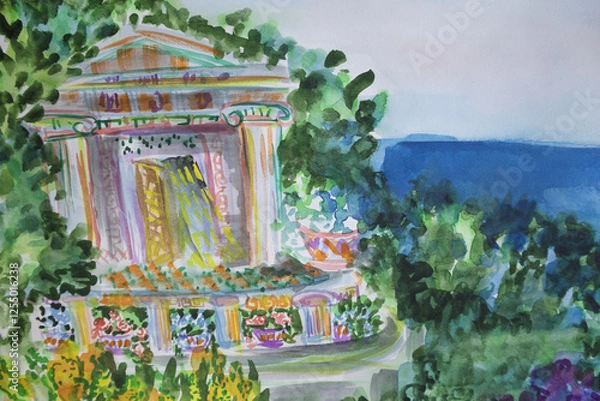 Fototapeta Watercolor landscape with ancient classical exquisite architecture. Mansion in greenery original painting.