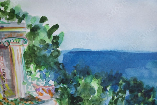 Fototapeta Marine panorama landscape with ancient classical architecture. Skyline above water surface. Watercolor illustration with space for text.