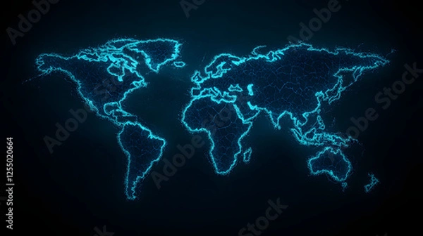 Obraz Futuristic topography map with glowing trade routes, representing advanced geographic mapping and digital infrastructure with illuminated pathways showing trade connections in a high-tech world.

