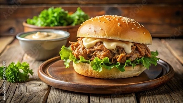 Obraz Savory Pulled Meat Burger on Wooden Plate with Creamy Sauce and Fresh Greens