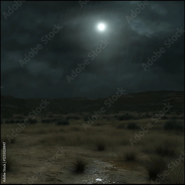 Fototapeta Moody Night Landscape Under a Bleak Sky With Rain and a Creek Reflecting Moonlight Glimmering