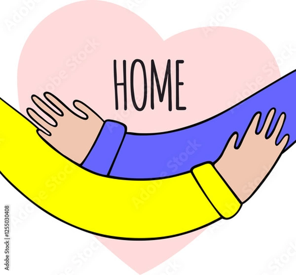 Fototapeta Symbolic illustration of love for home. Hands hugging a heart with the inscription HOME. Hand drawn vector illustration.