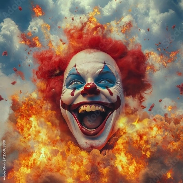 Fototapeta Fiery clown face engulfed in flames against a cloudy sky.