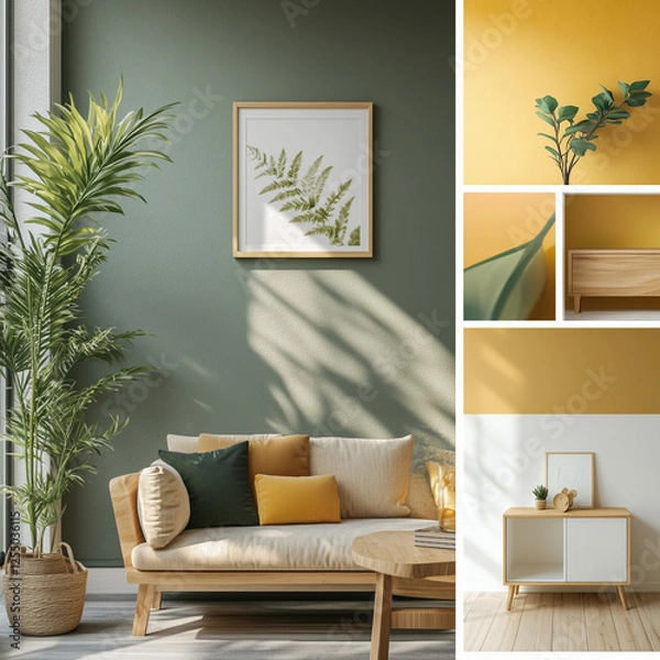 Fototapeta modern home interior featuring five different sustainable decorating ideas. Each section of the image showcases a different eco-friendly approach
