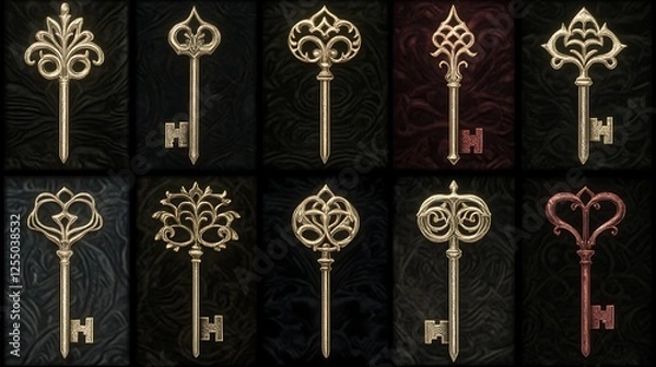 Fototapeta Ornate Keys Collection Fantasy Decorative Golden Vintage Secure Access Symbol Set Against Dark Backdrop