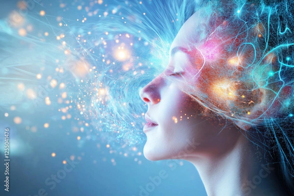 Fototapeta A surreal digital illustration depicting hormonal activity in a woman's body, symbolizing neurotransmitters, emotions, and brain function through glowing energy and neural connections.  .
