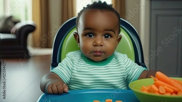 Fototapeta Dark-skinned A little boy sits in a children's chair in the kitchen in front of him with a plate of broccoli and carrots, showing curiosity and interest in healthy eating, looking at the camera, 