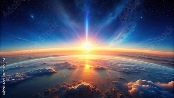 Fototapeta A Celestial Sunrise  A Breathtaking View of Earth from Above the Clouds, Bathed in the Golden Light of a Radiant Dawn, with the Starry Expanse of Space Above