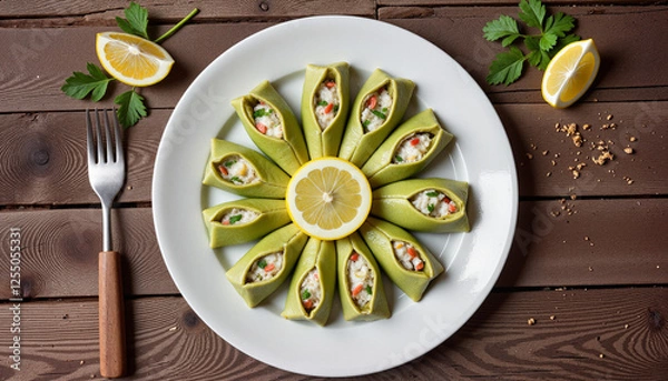 Fototapeta Neatly arranged stuffed grape leaves with lemon and herbs on a rustic wooden table