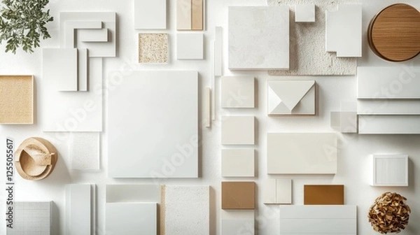 Fototapeta Architect and interior designer moodboard in white and gold color palette. Material samples and paint samples. Top view. Copy space. Template.