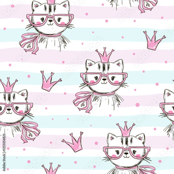 Fototapeta Seamless pattern features adorable cats wearing pink glasses and crowns, set against a striped and white background with pink polka dots.