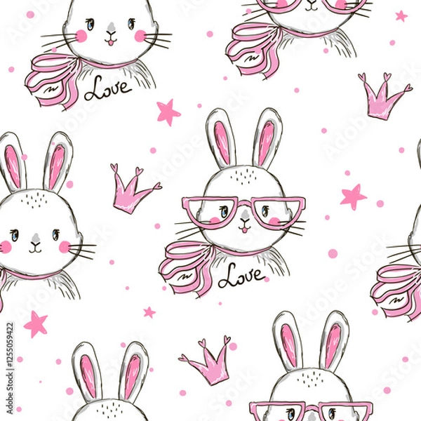 Fototapeta Seamless pattern with a cute cartoon bunny. Vector illustration. Creative childish background.