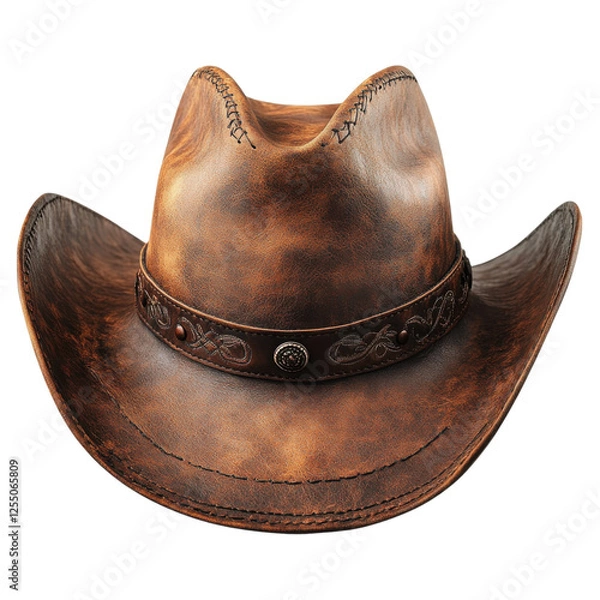 Fototapeta A rugged, weathered cowboy hat with intricate detailing and a decorative band, showcasing its classic Western style.