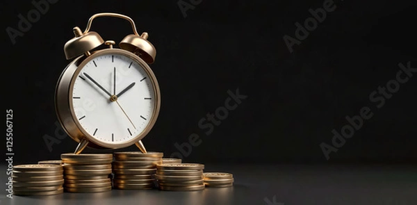 Fototapeta Banner with copy space on the right, stack of coins and clock hands on black background. Concept of the idea of time and money