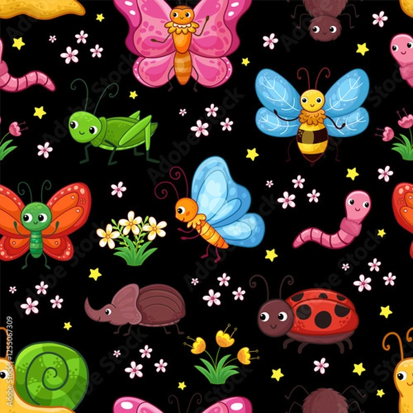 Fototapeta A playful seamless pattern with insects and a snail on a striped pastel background. Vector cartoon illustration
