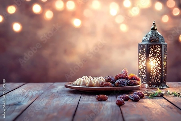 Fototapeta arranged iftar table with dates and blurry background