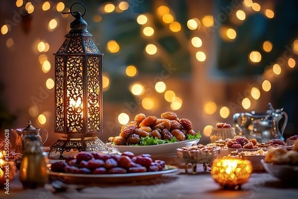 Fototapeta arranged iftar table with dates and blurry background