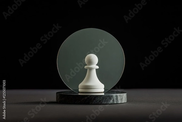 Fototapeta White chess pawn reflected in a circular mirror on a marble base against a black background.