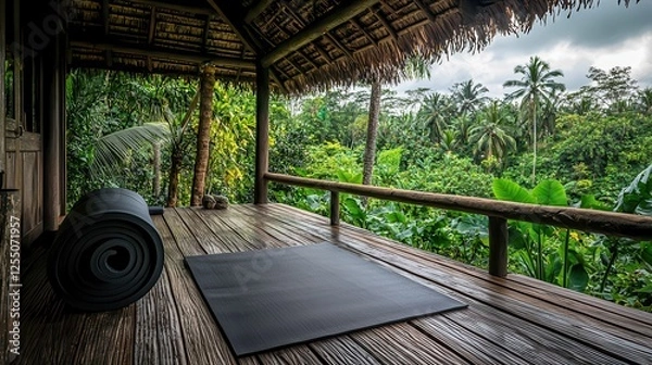 Fototapeta A serene outdoor yoga space featuring a black yoga mat rolled out on a wooden deck, surrounded by lush greenery and tall palm trees, exuding tranquility and harmony with nature.