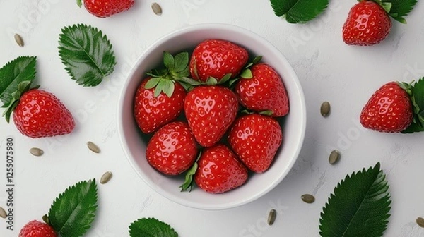 Fototapeta A bowl of fresh, vibrant strawberries surrounded by leaves on a light surface, showcasing their juicy texture and bright red color.