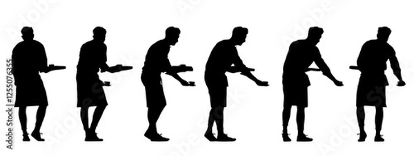 Fototapeta Vector concept conceptual black silhouette of a male waiter serving coffee  from different perspectives isolated on white background. A metaphor for working, business, relaxation and lifestyle
