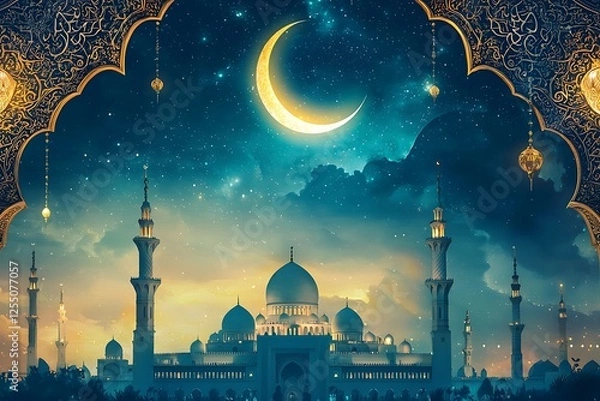 Fototapeta white digital banner featuring serene night desert, a mosque and crescent