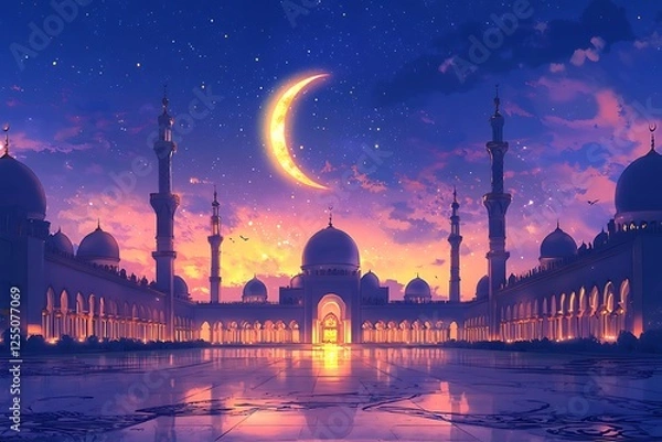 Fototapeta white digital banner featuring serene night desert, a mosque and crescent