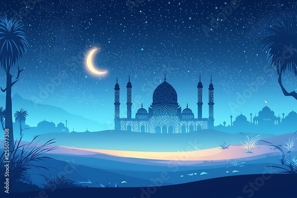 Fototapeta white digital banner featuring serene night desert, a mosque and crescent