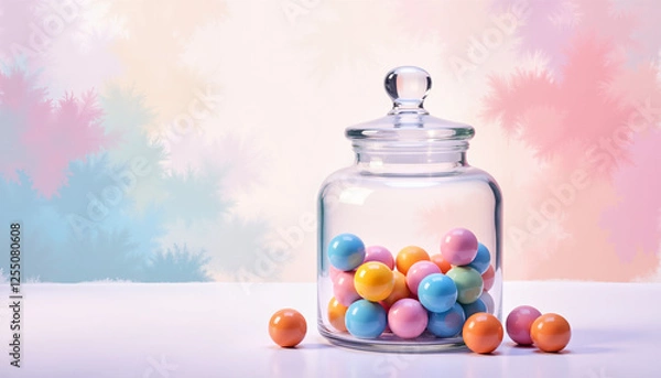 Fototapeta Colorful glass jar filled with pastel gumballs against a soft, dreamy background for playful decoration and sweetness