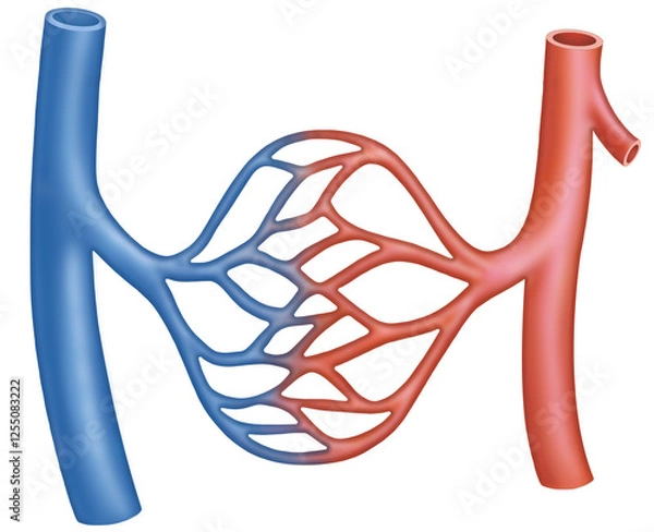 Fototapeta Diagram of the capillaries, they are the smallest and thinnest blood vessels, connecting arteries and veins. They allow the exchange of oxygen, nutrients, and waste from the blood.